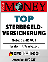 Siegel: Focus Money – Top Sterbegeldversicherung - Note: Sehr gut - Tarife mit Wartezeit - DFSI Ratings - (Ausgabe 28/2026)