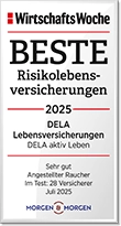 Siegel WIrtschaftswoche: Beste Risikolebensversicherungen - 2025 - DELA Lebensversicherungen - DELA aktiv Leben - Sehr gut - Angestellter Raucher - Im Test: 28 Versicherer Juli 2025 | Morgen Morgen