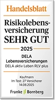 Handelsblatt Siegel: Risikolebensversicherung - Sehr Gut - 2025 - DELA Lebensversicherungen - DELA aktiv Leben RLV Plus - Kaufmann - Im Test: 27 Versicherer - 14.08.2025 - Franke | Bornberg
