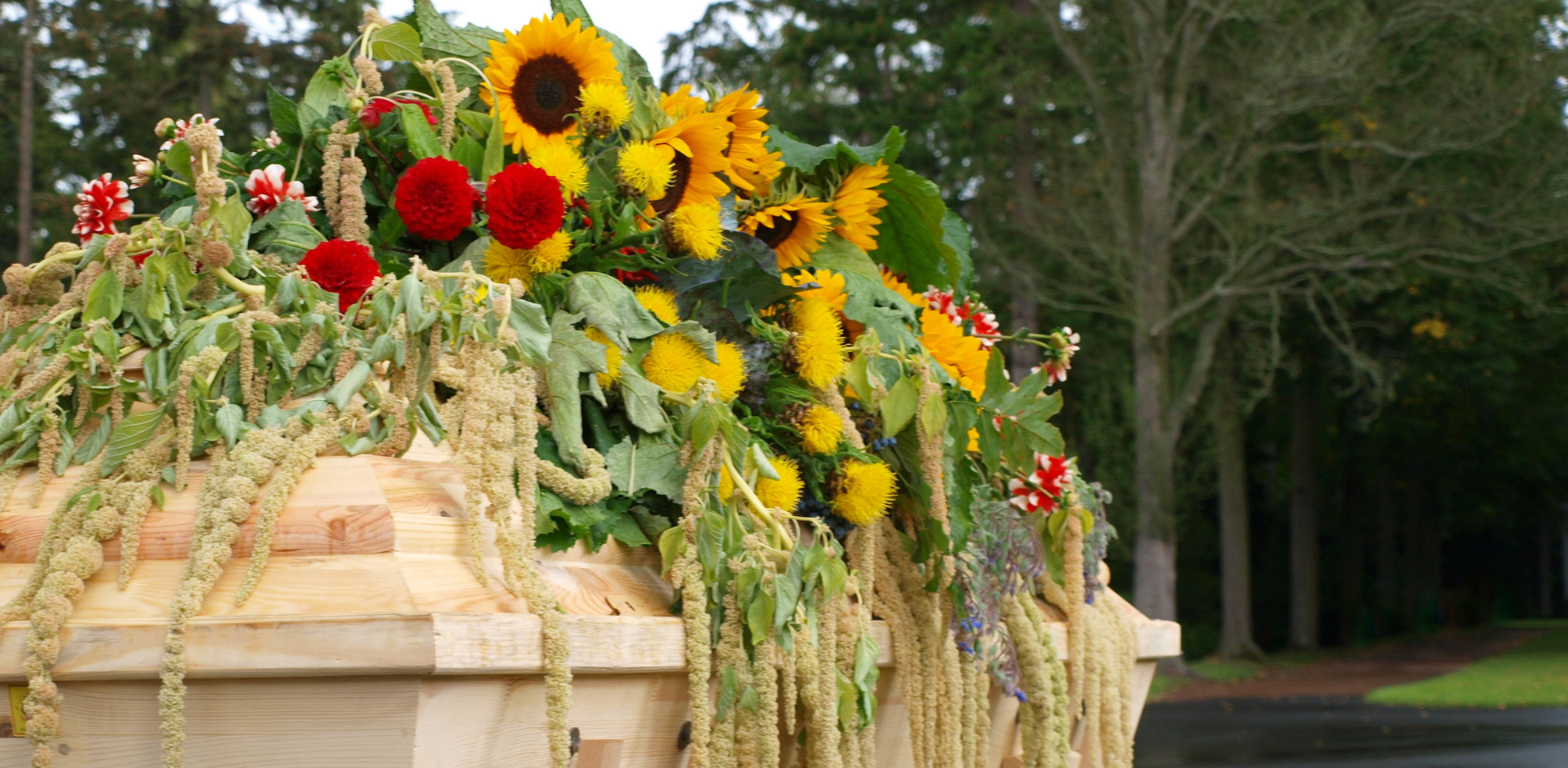 Ein Sarg mit Blumenschmuck